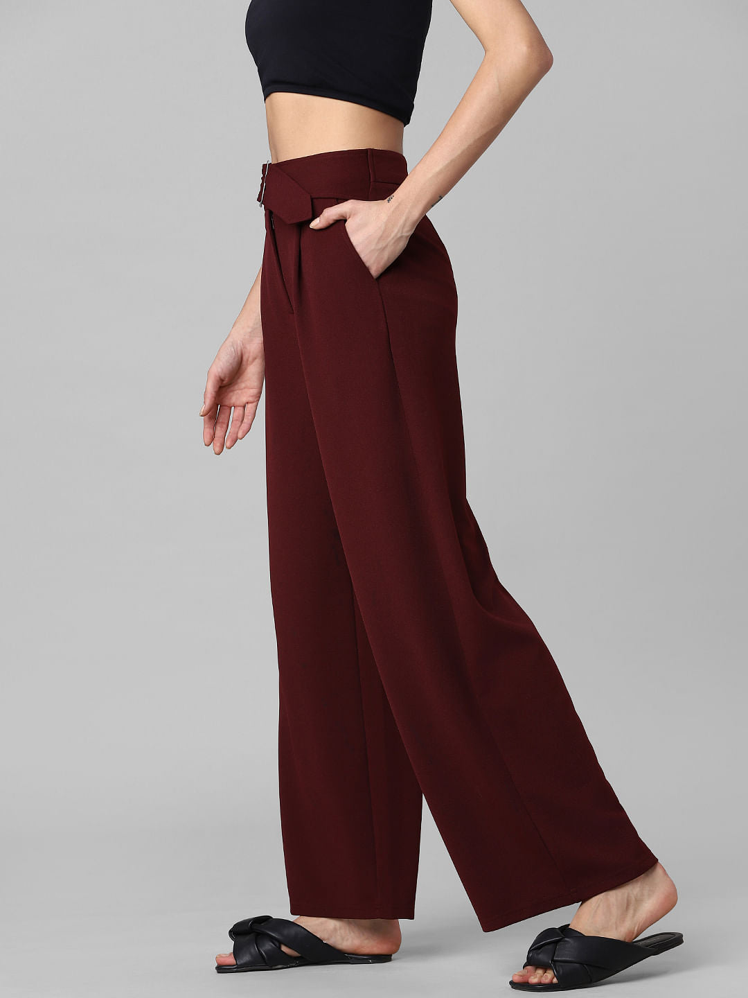 Burgundy High Rise Buckle Detail Flared Pants