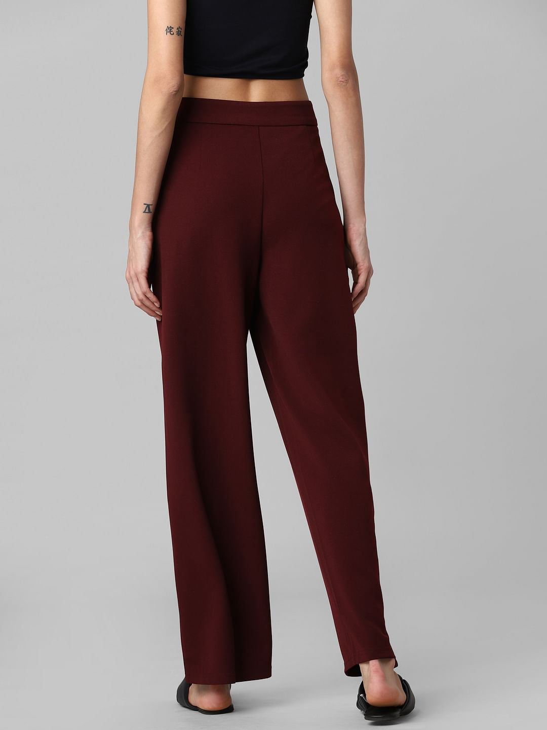 Burgundy High Rise Buckle Detail Flared Pants