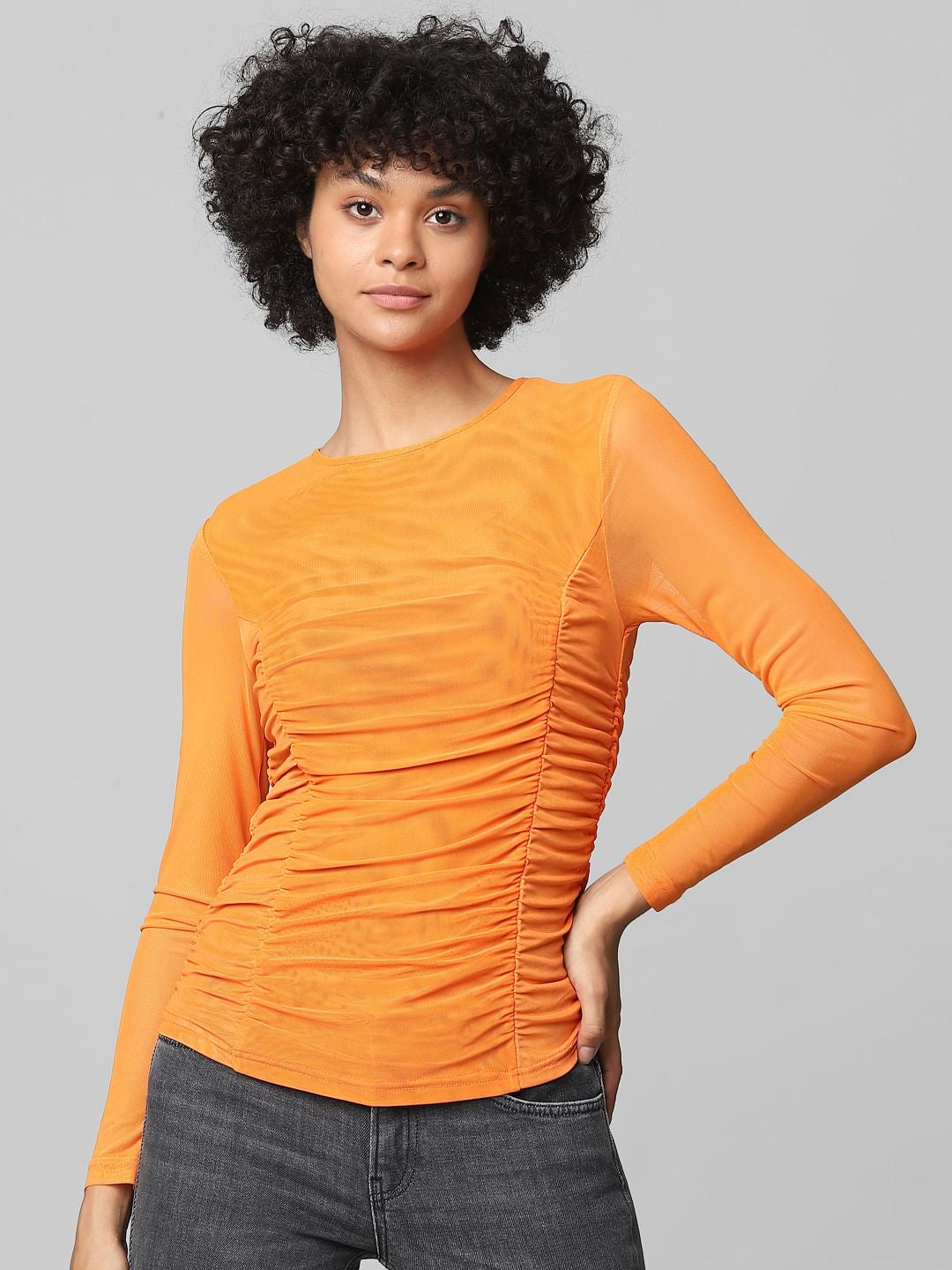 Orange Ruched Mesh Top