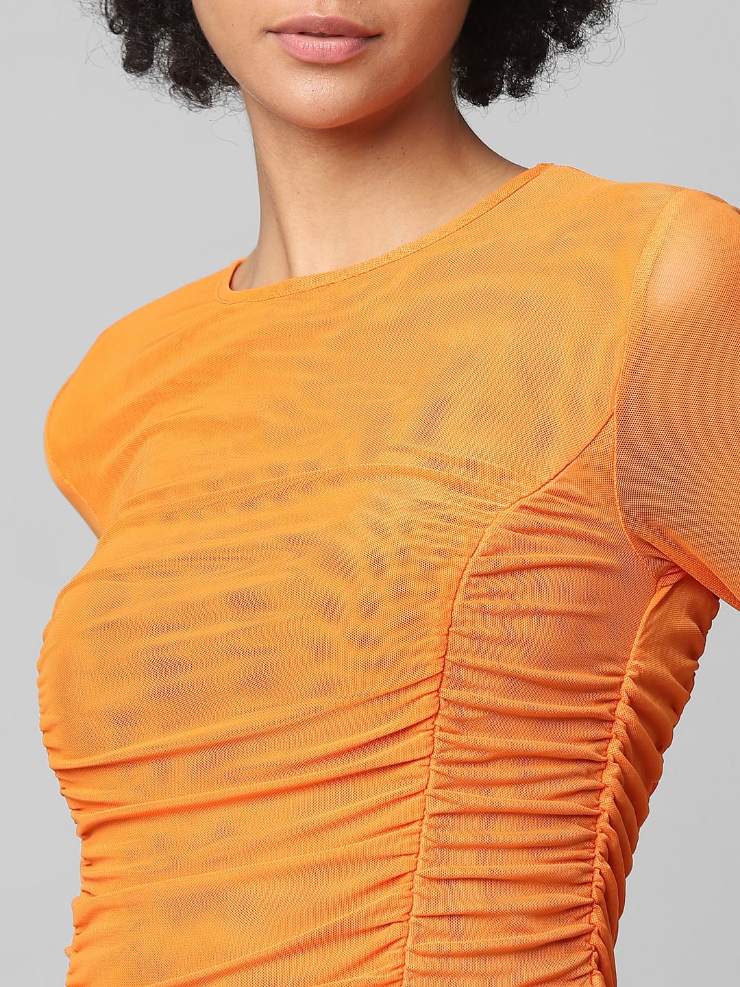 Orange Ruched Mesh Top
