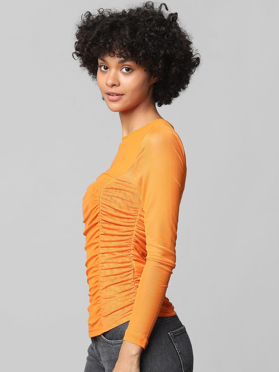 Orange Ruched Mesh Top