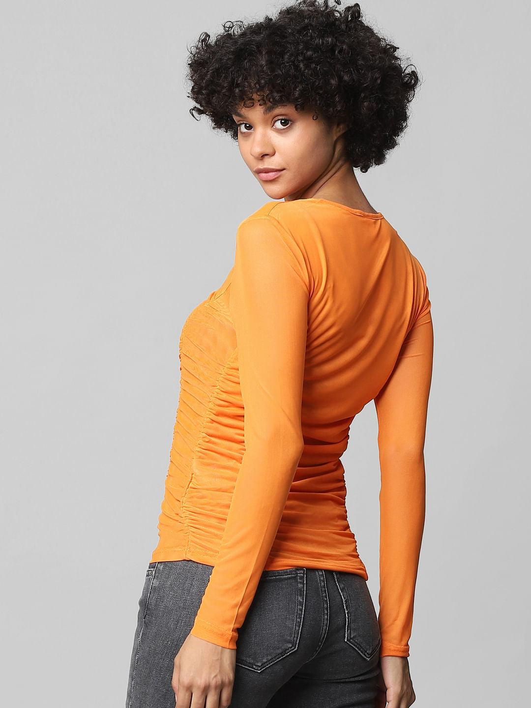 Orange Ruched Mesh Top