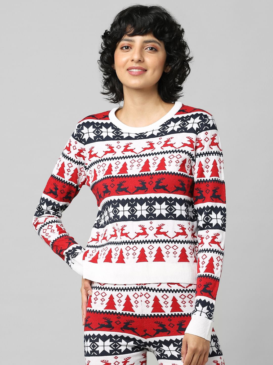 White Xmas Print Jacquard Co-Ord Pullover