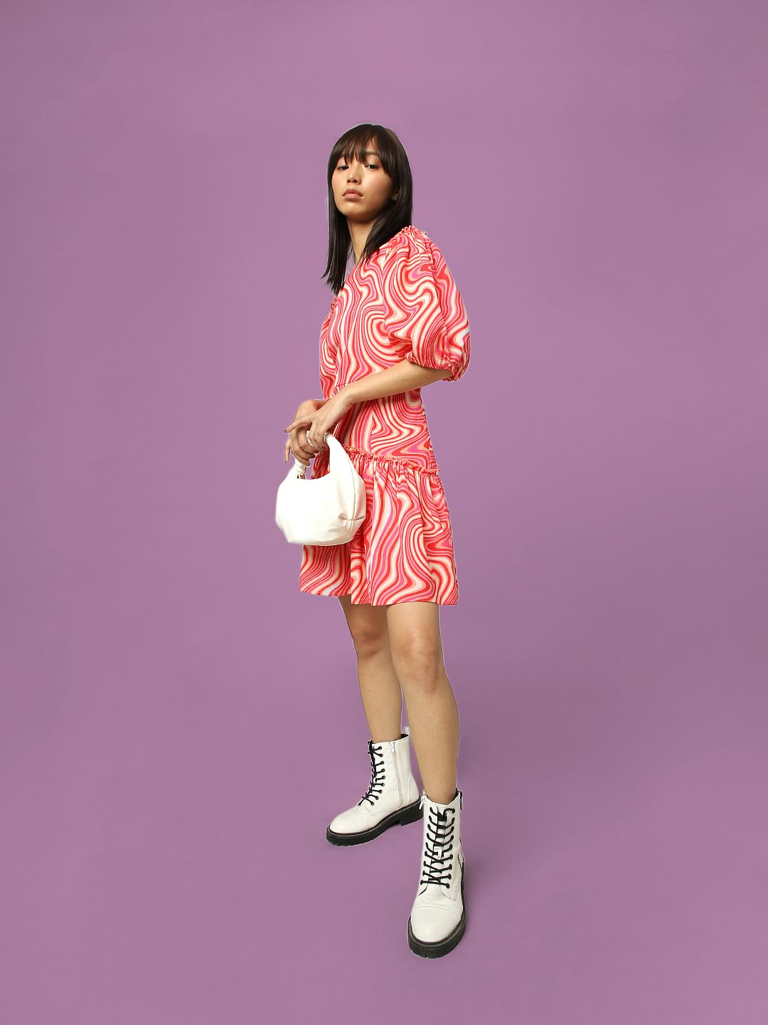 Red Balloon Sleeves Printed Dress