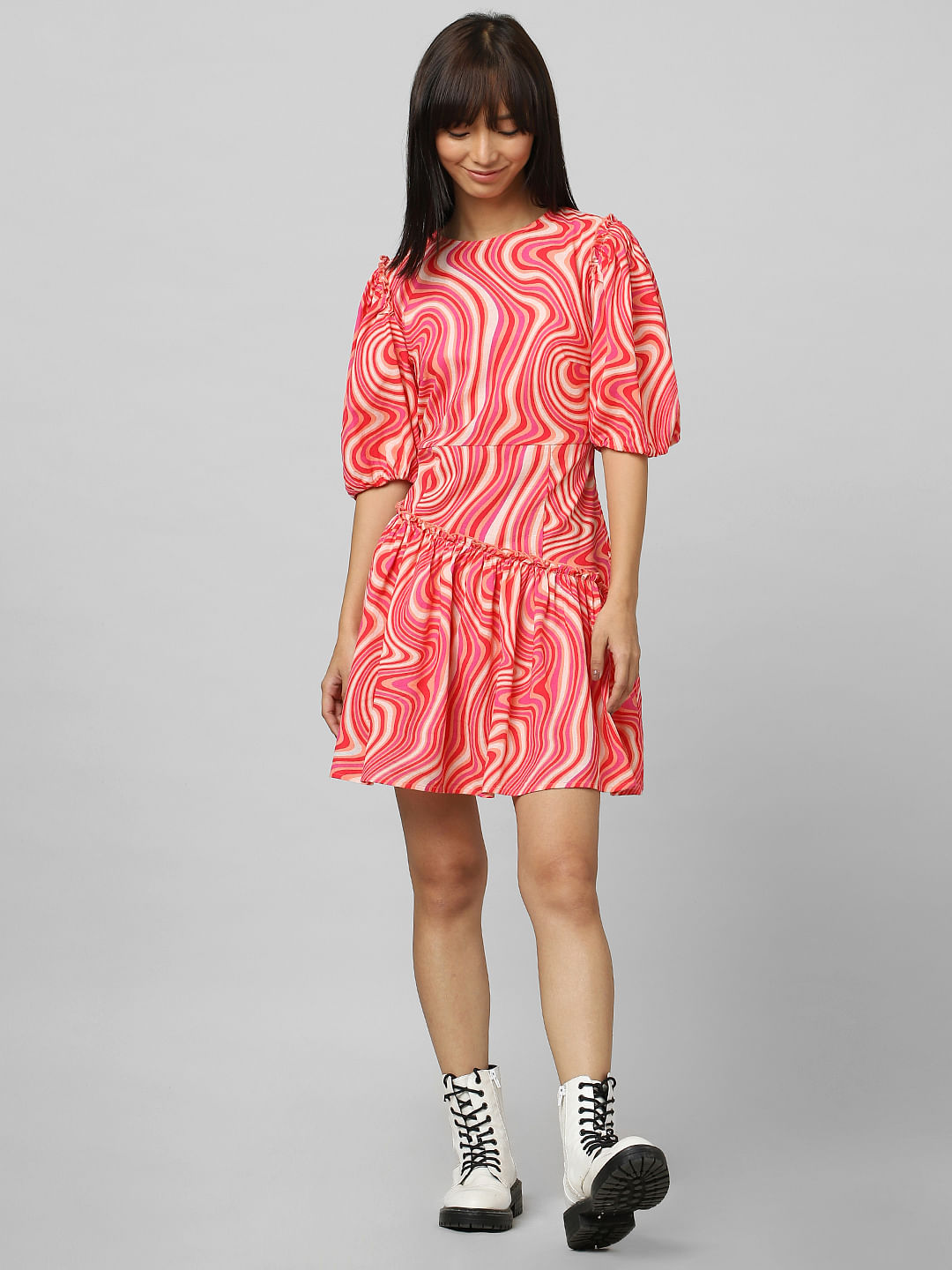Red Balloon Sleeves Printed Dress