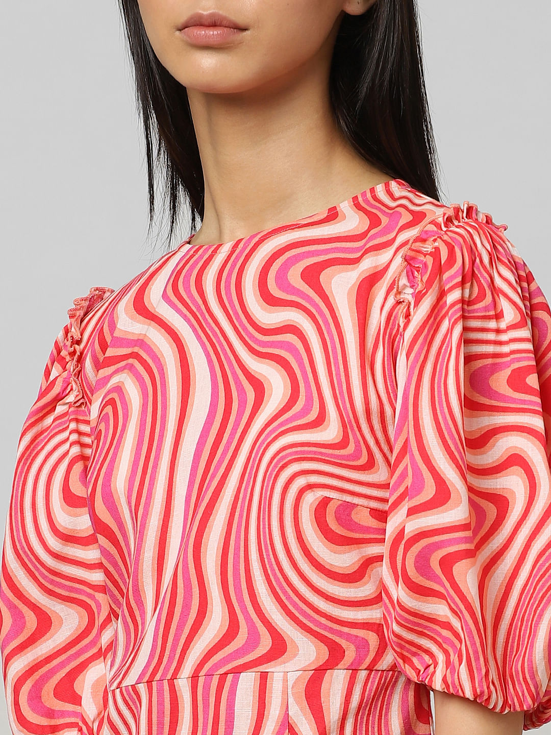 Red Balloon Sleeves Printed Dress