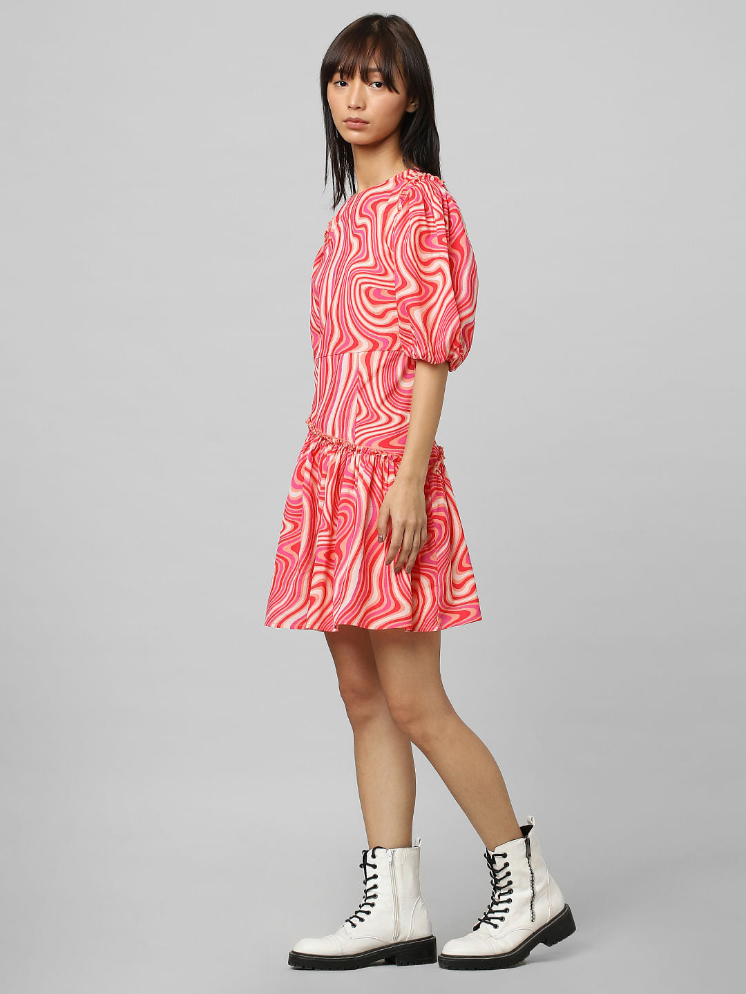 Red Balloon Sleeves Printed Dress