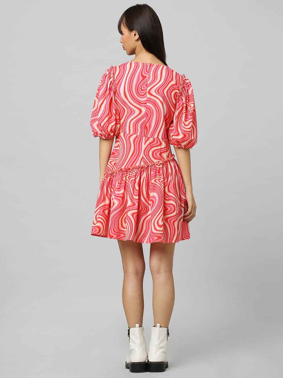 Red Balloon Sleeves Printed Dress