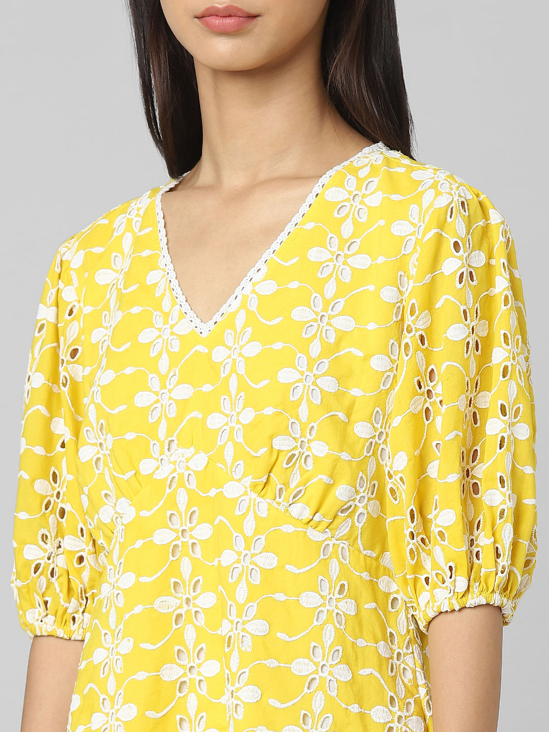 Yellow Cut-Work Embroidery Dress