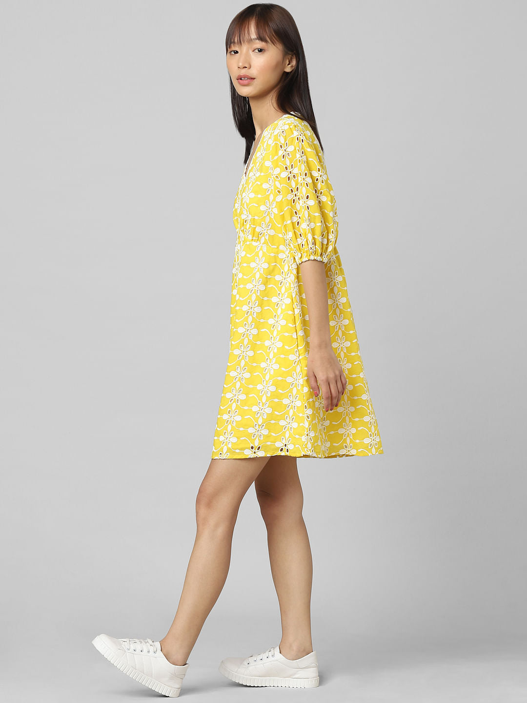 Yellow Cut-Work Embroidery Dress