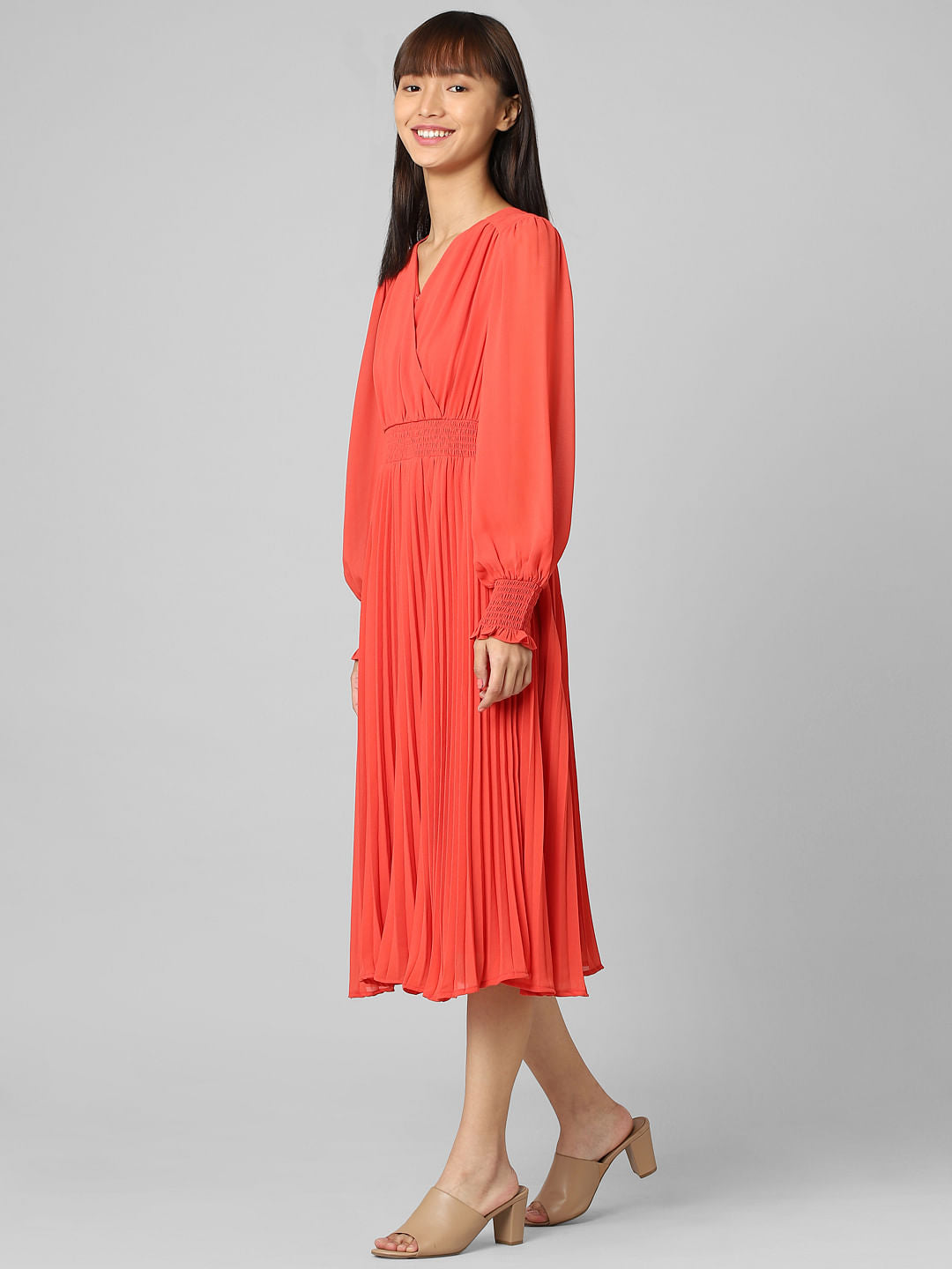 Red Pleated Midi Dress