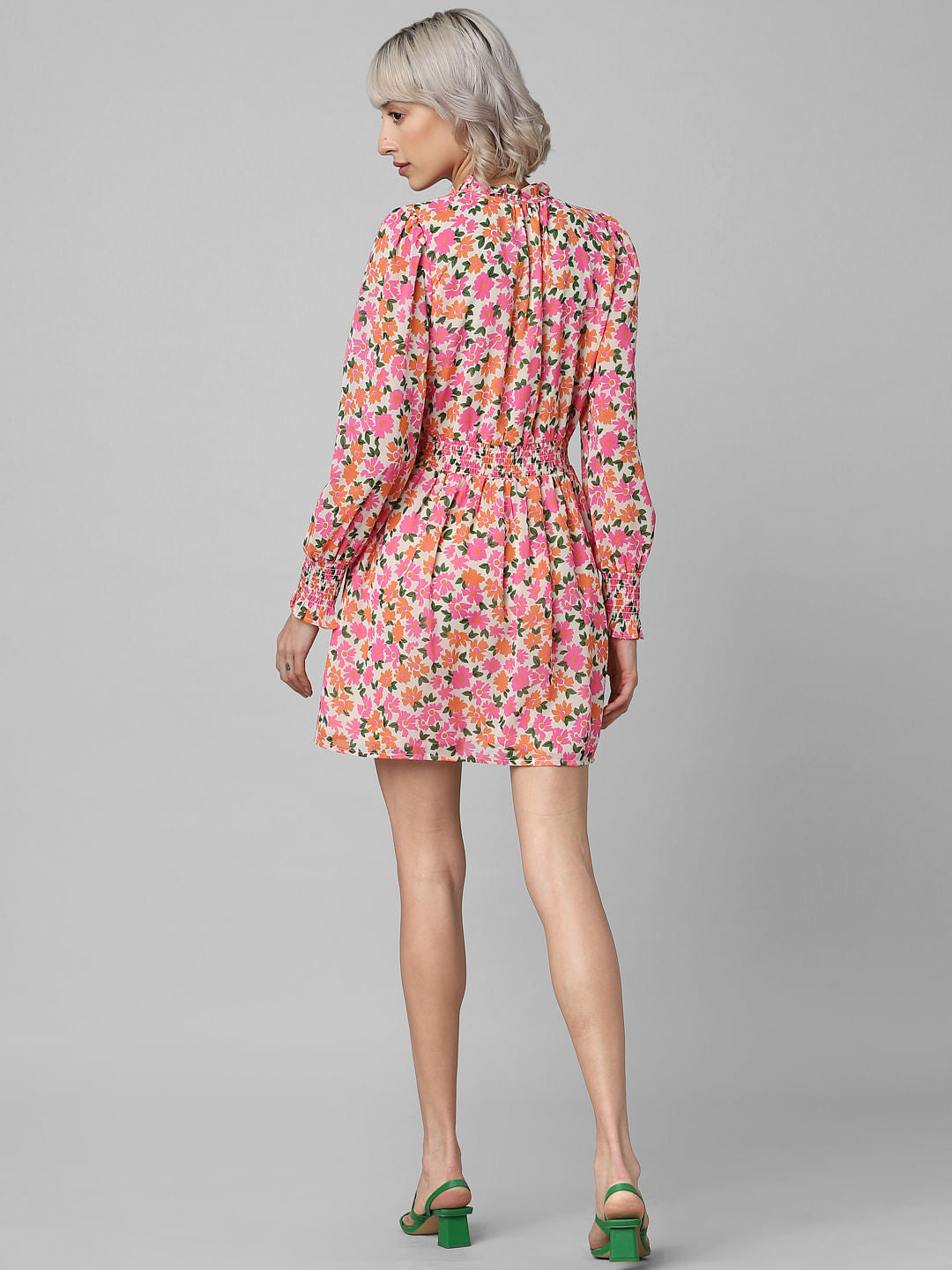 Cream & Pink Floral Chiffon Mini Dress