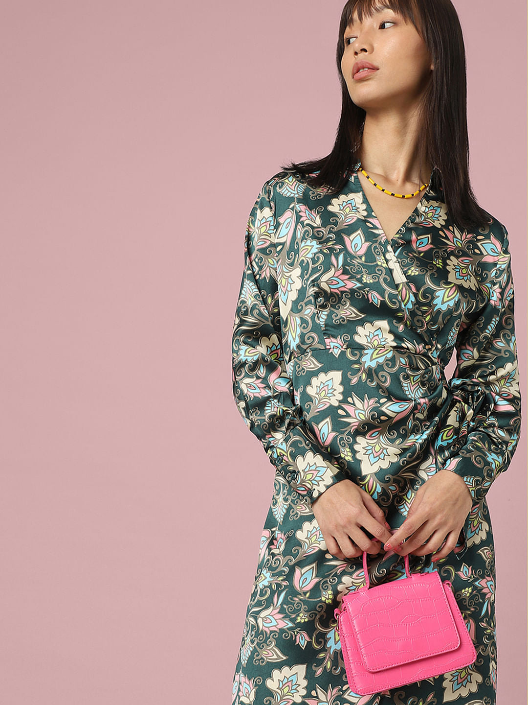 Green Satin Printed Wrap Dress