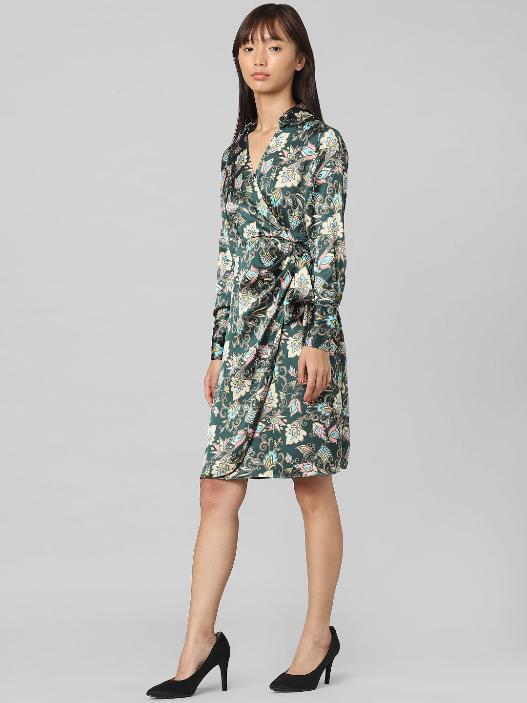Green Satin Printed Wrap Dress