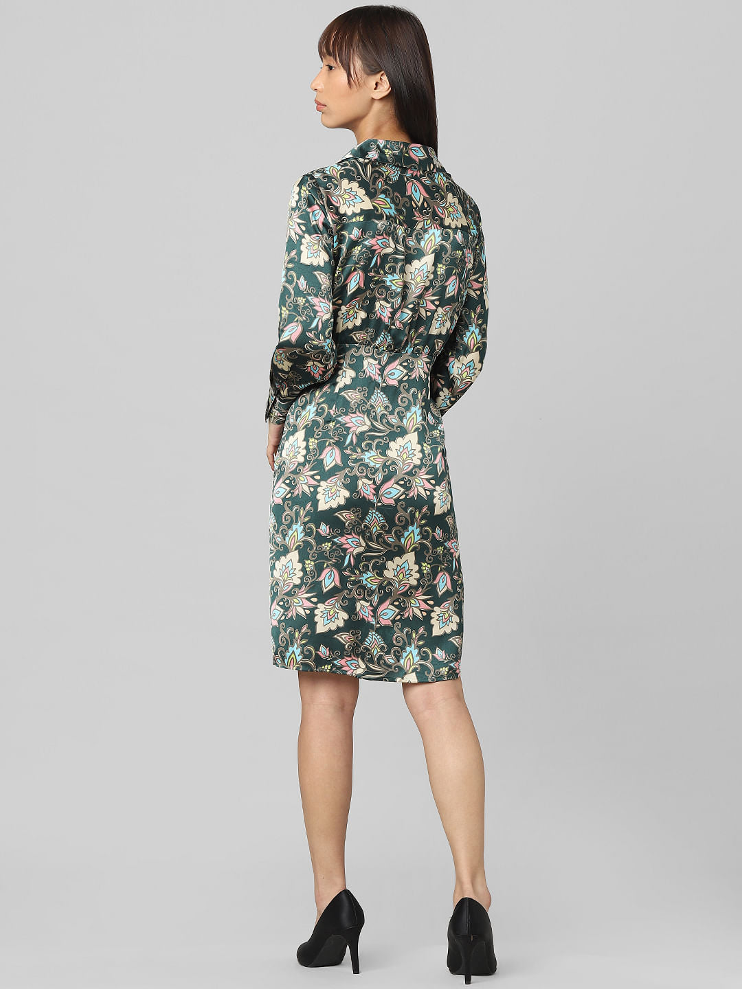 Green Satin Printed Wrap Dress