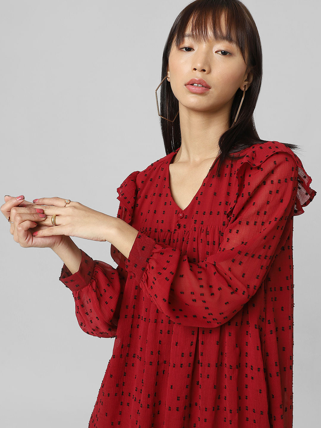 Red Printed Chiffon Dobby Dress