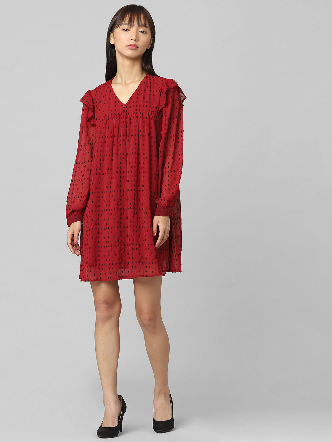 Red Printed Chiffon Dobby Dress