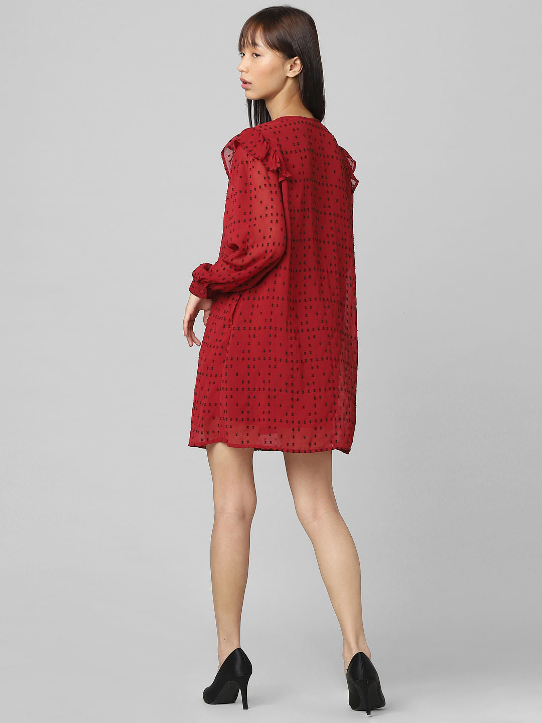 Red Printed Chiffon Dobby Dress