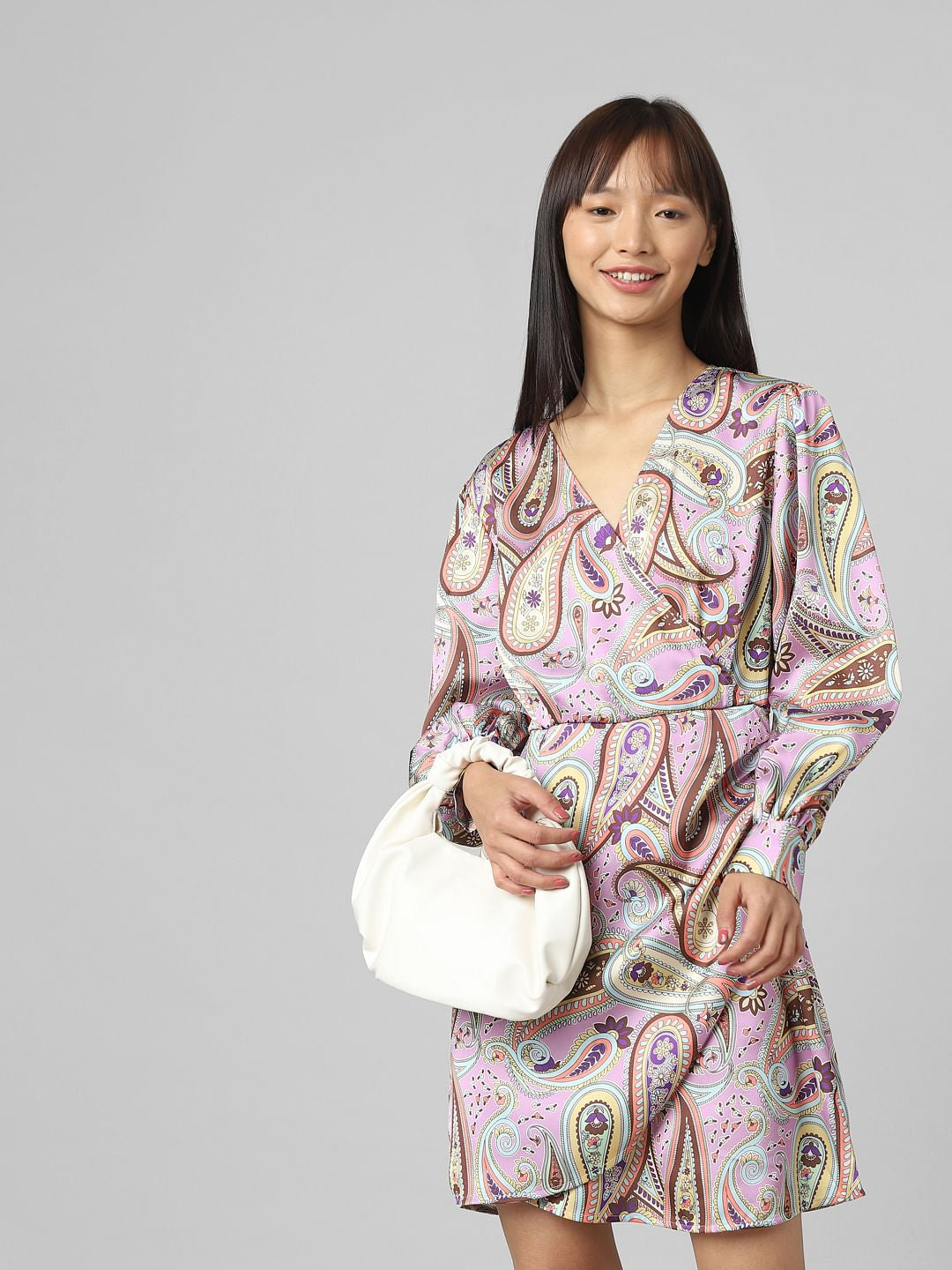 Brown Printed Satin Wrap Dress