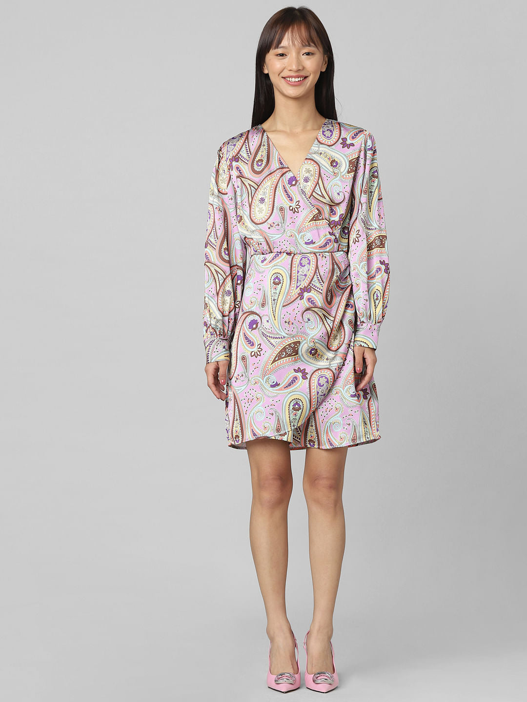 Brown Printed Satin Wrap Dress