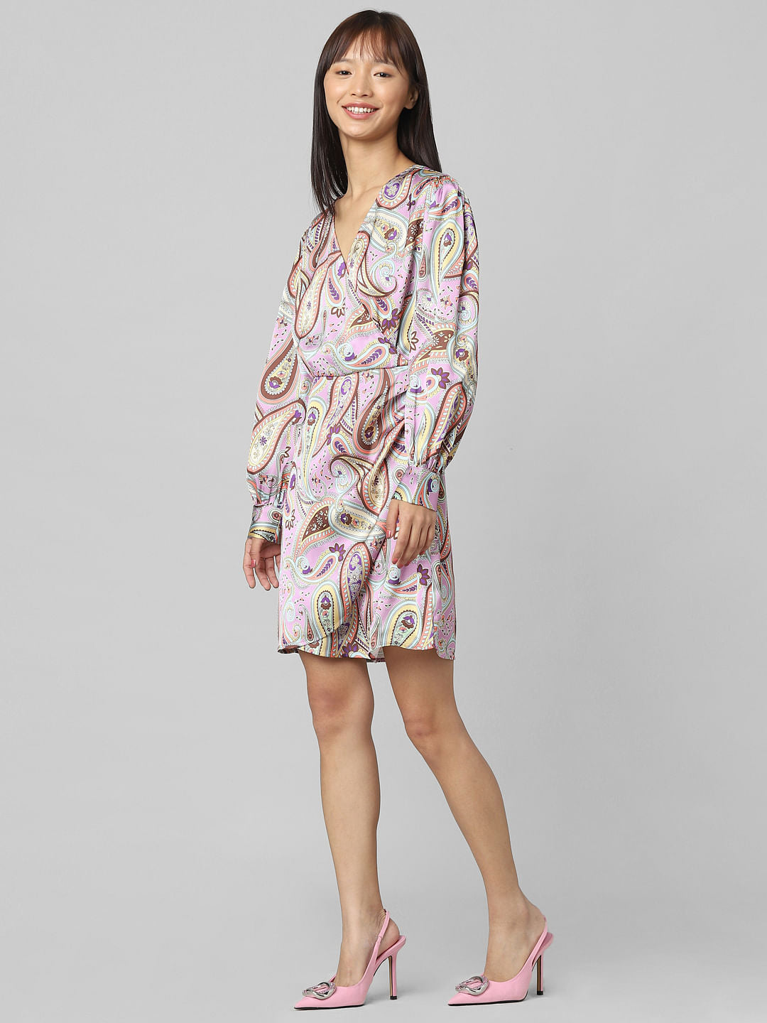 Brown Printed Satin Wrap Dress