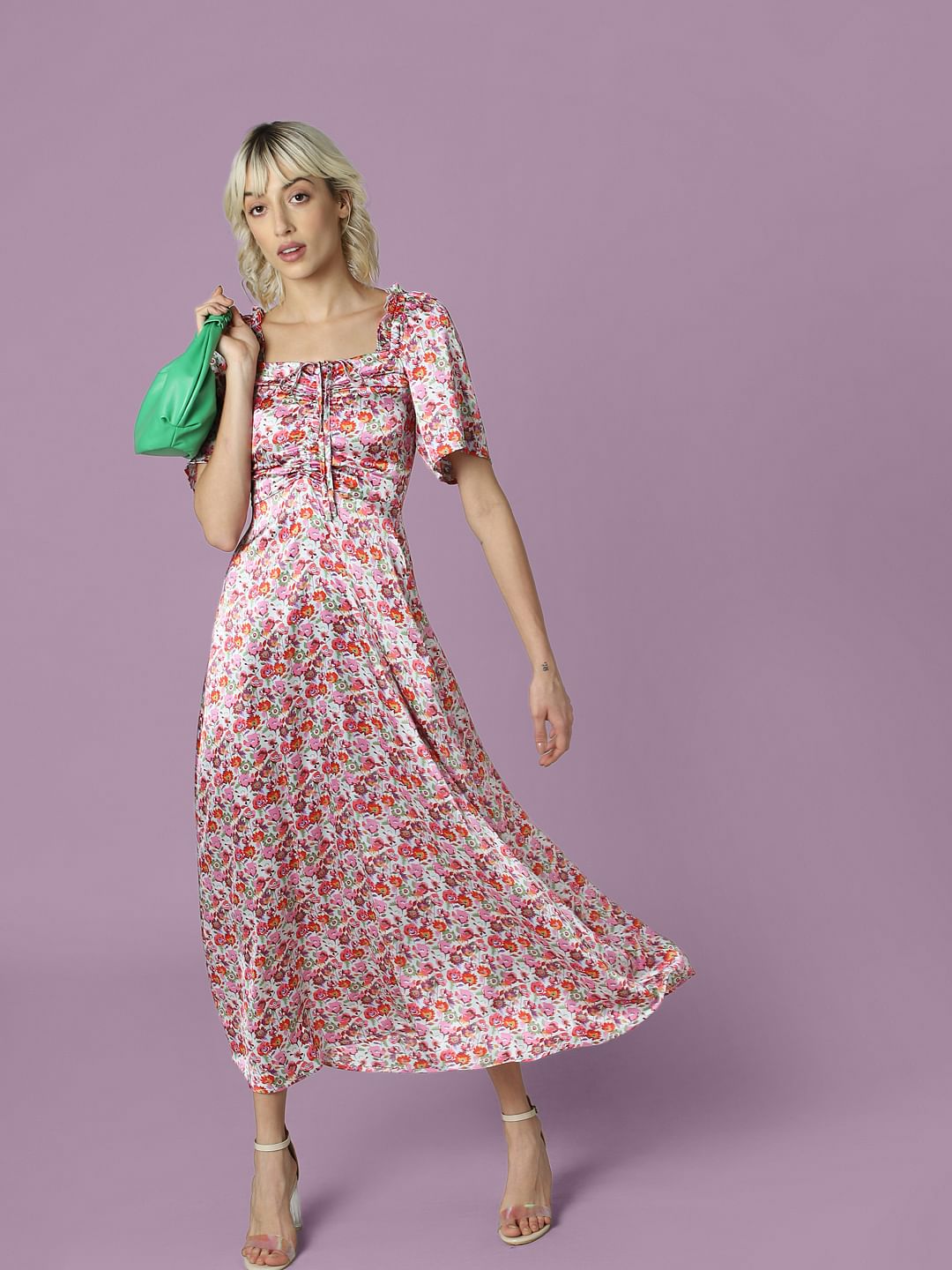 Pink Floral Satin Maxi Dress