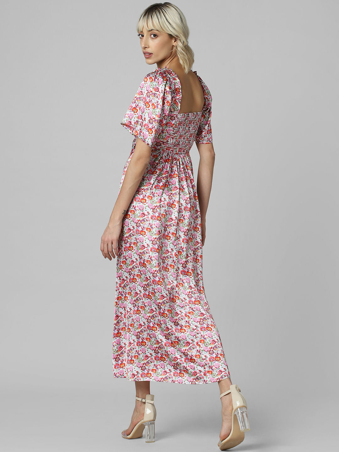 Pink Floral Satin Maxi Dress