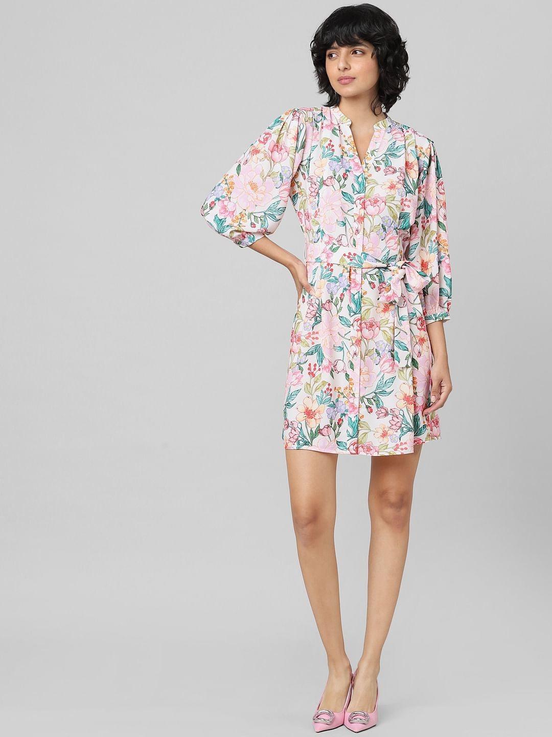 White Floral Print Tie-Belt Dress