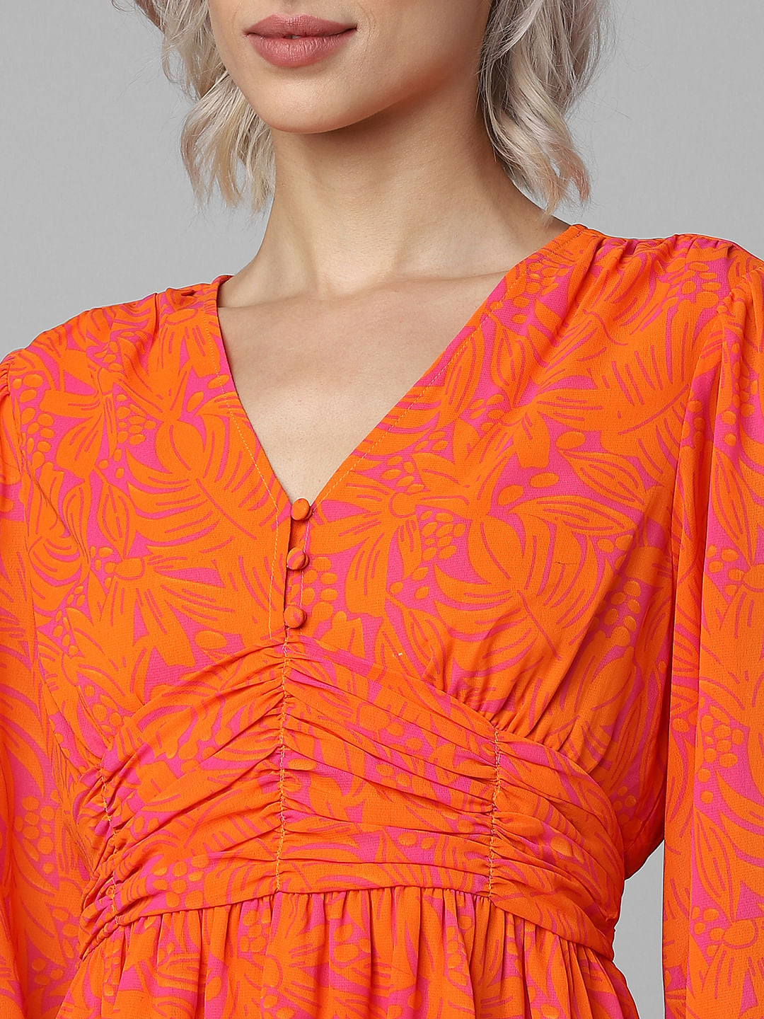 Orange Printed Chiffon Mini Dress