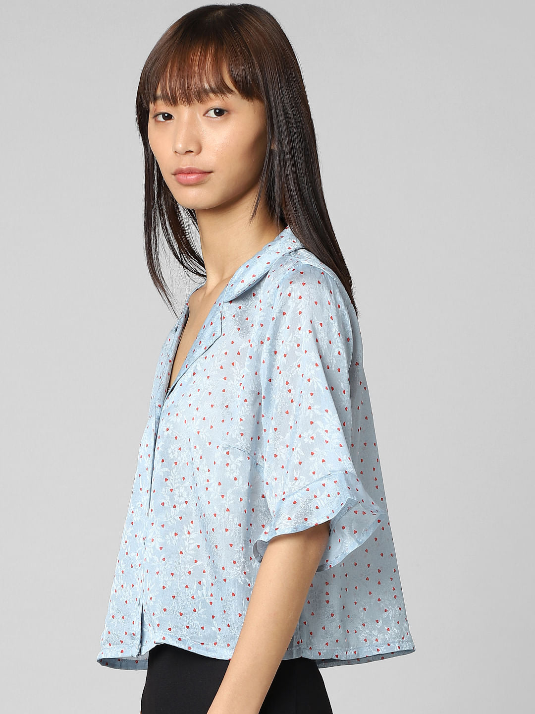 Blue Heart Print Satin Shirt