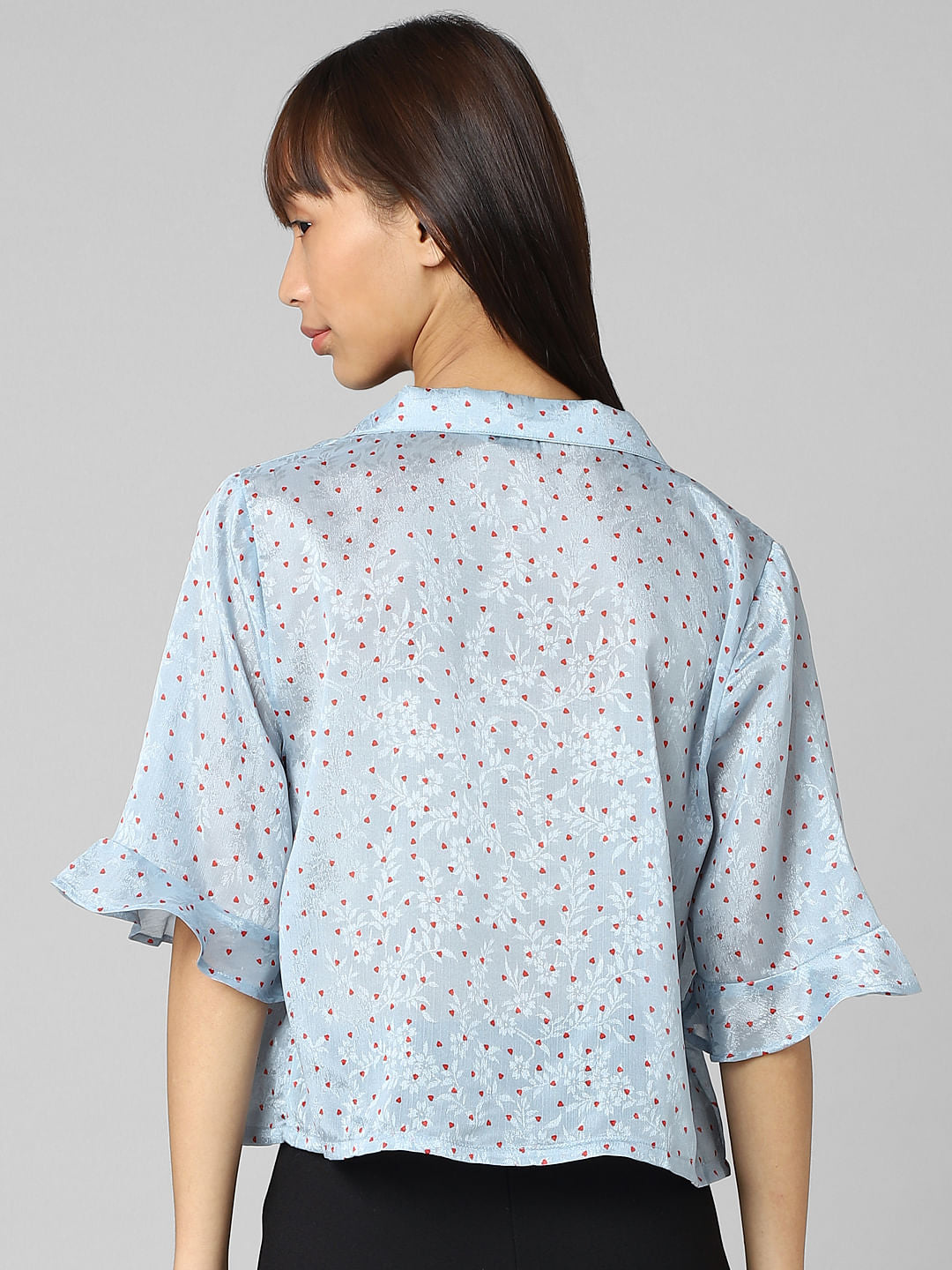 Blue Heart Print Satin Shirt