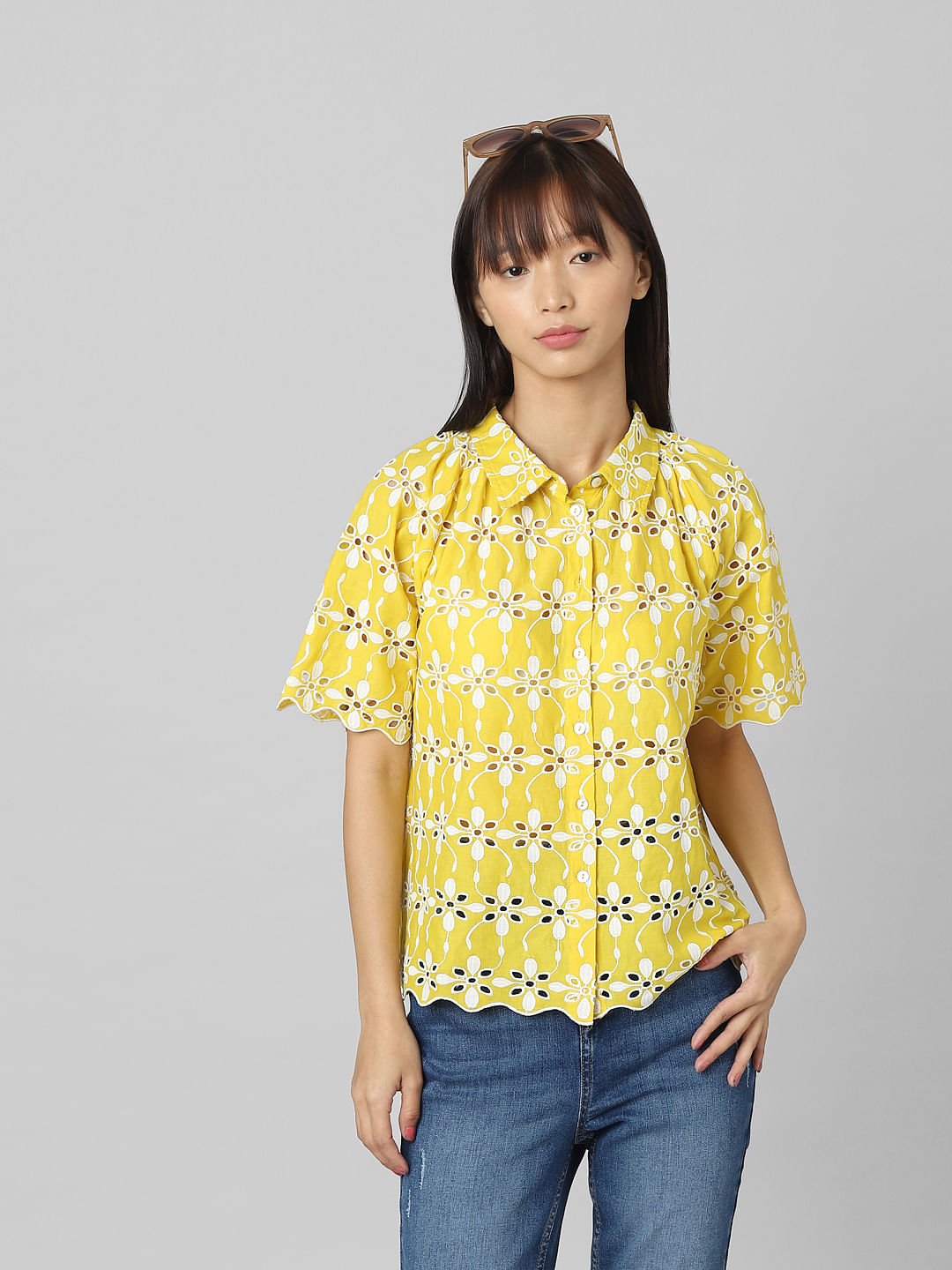 Yellow Cut-Work Embroidery Shirt - 34