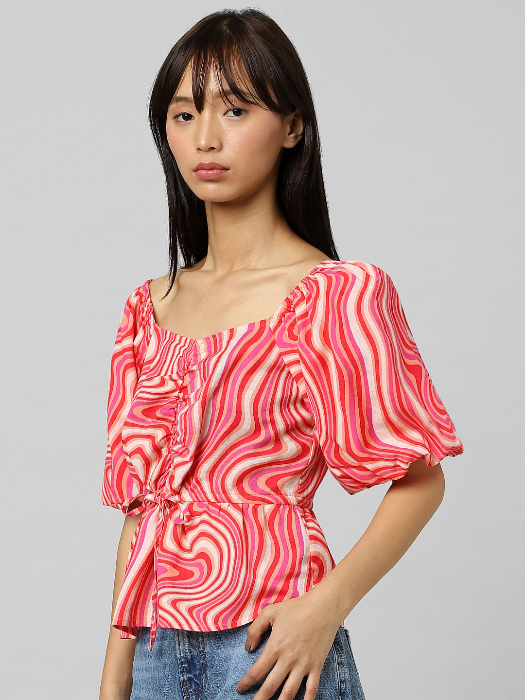 Red Printed Balloon-Sleeved Top