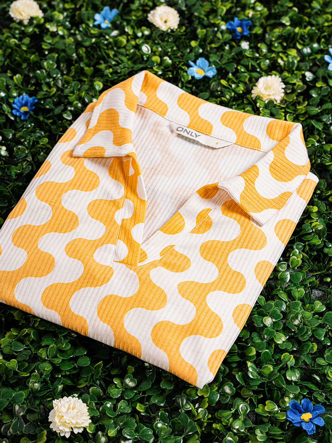 White Printed Ribbed Polo T-Shirt