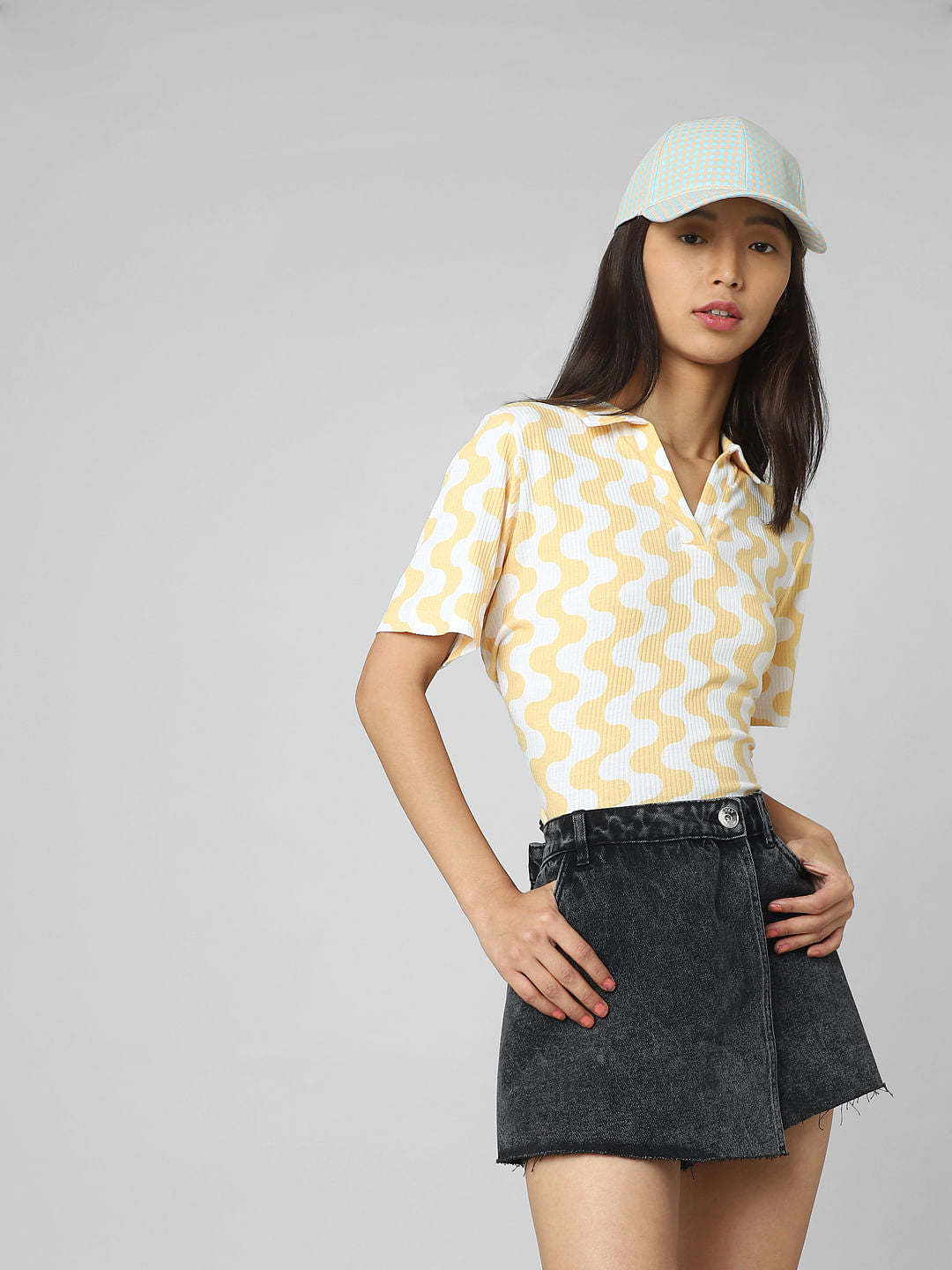 White Printed Ribbed Polo T-Shirt