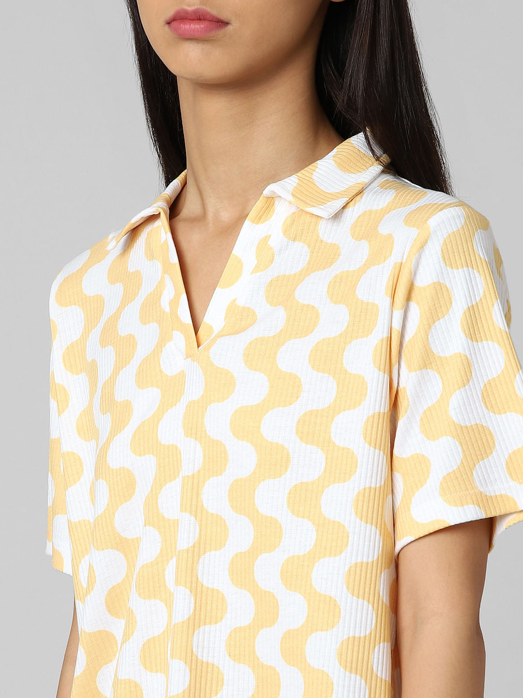 White Printed Ribbed Polo T-Shirt