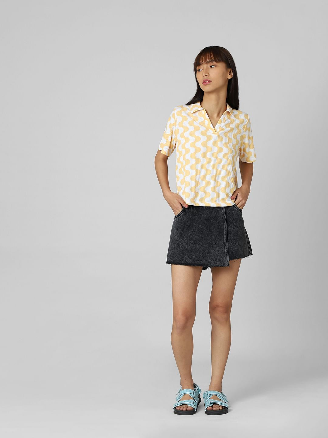 White Printed Ribbed Polo T-Shirt