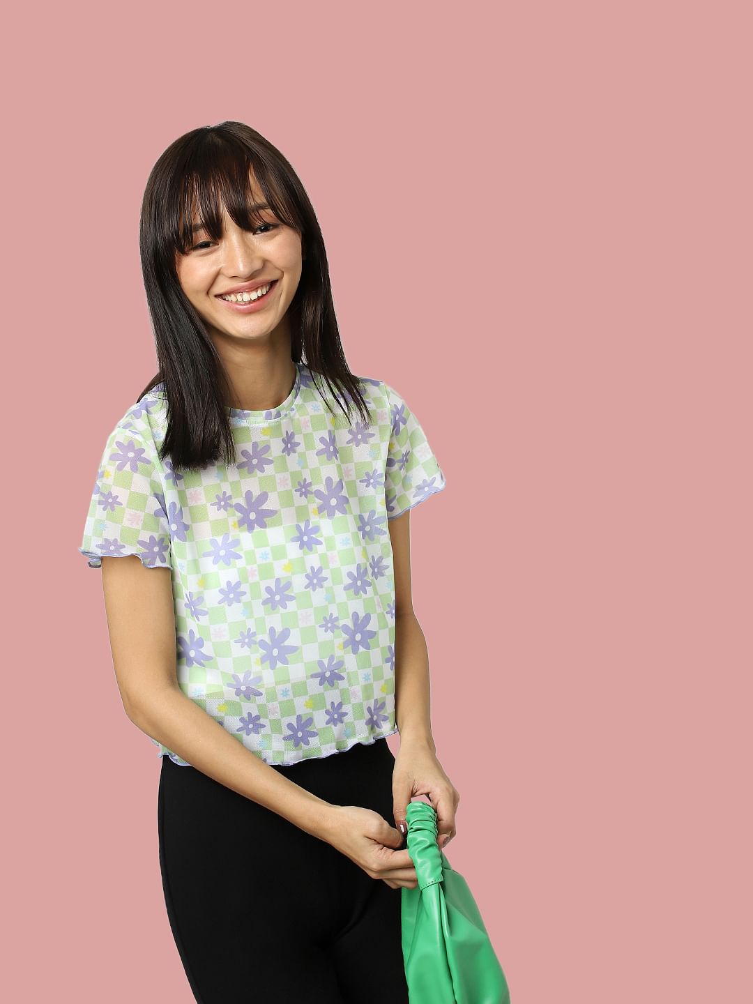 White Cropped Floral Mesh Top