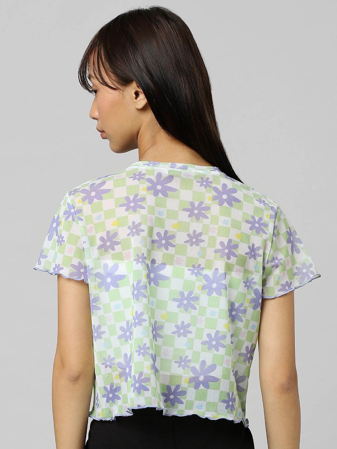 White Cropped Floral Mesh Top