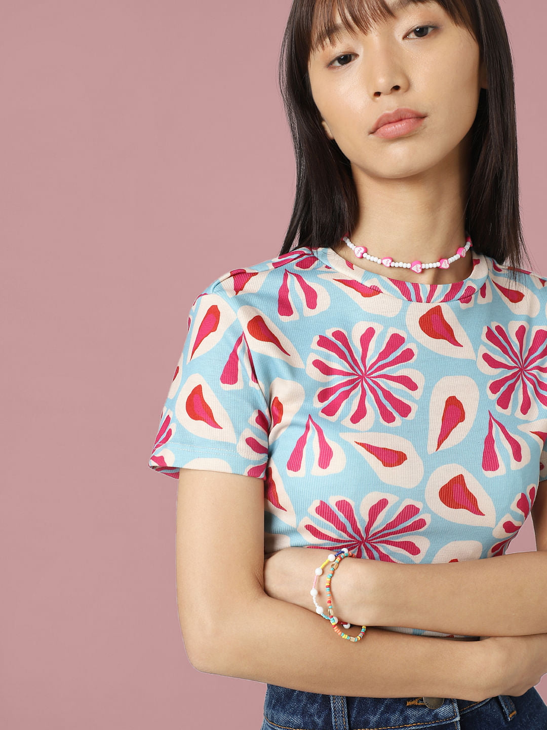 Blue Printed Ribbed T-Shirt