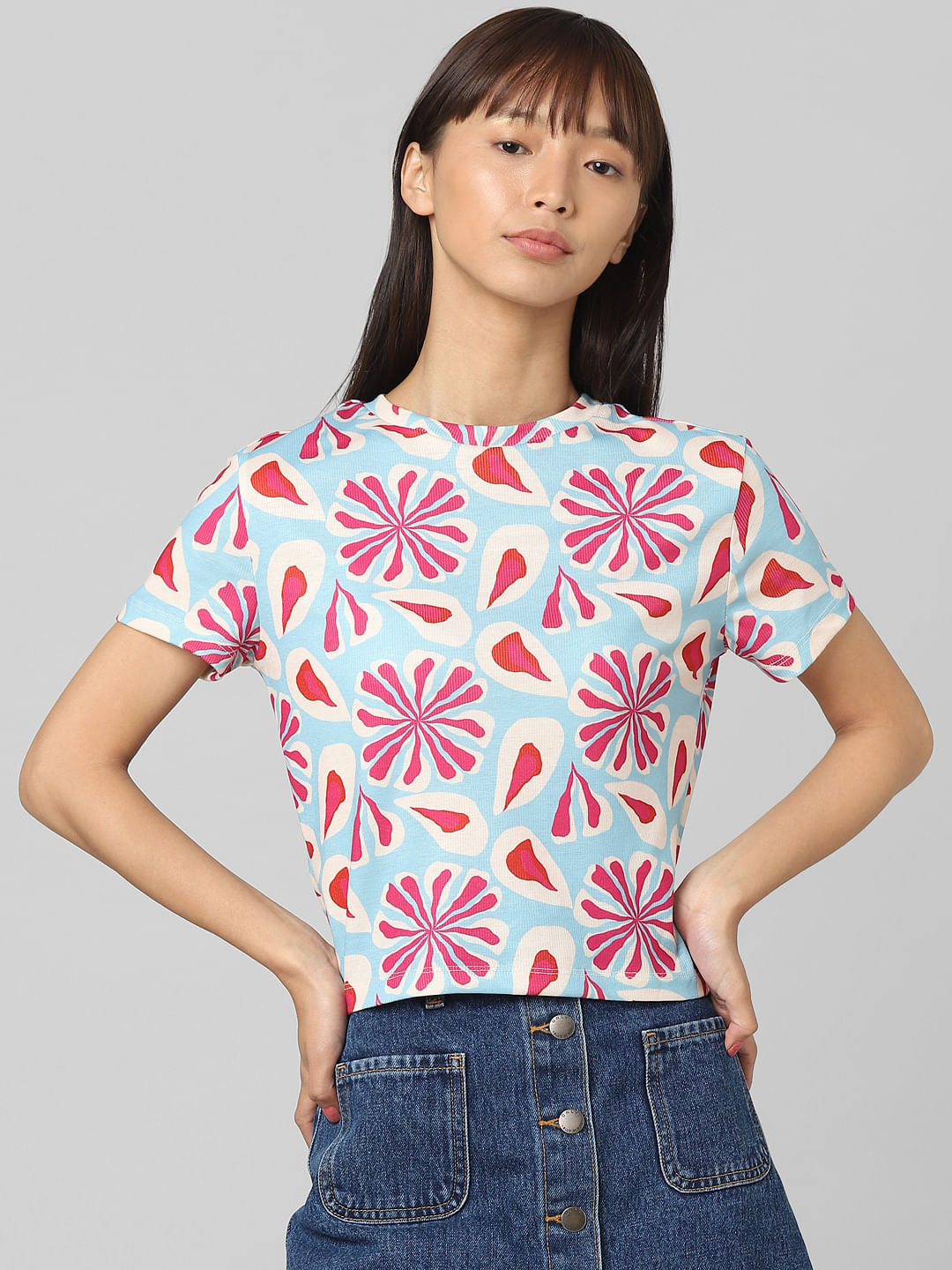 Blue Printed Ribbed T-Shirt