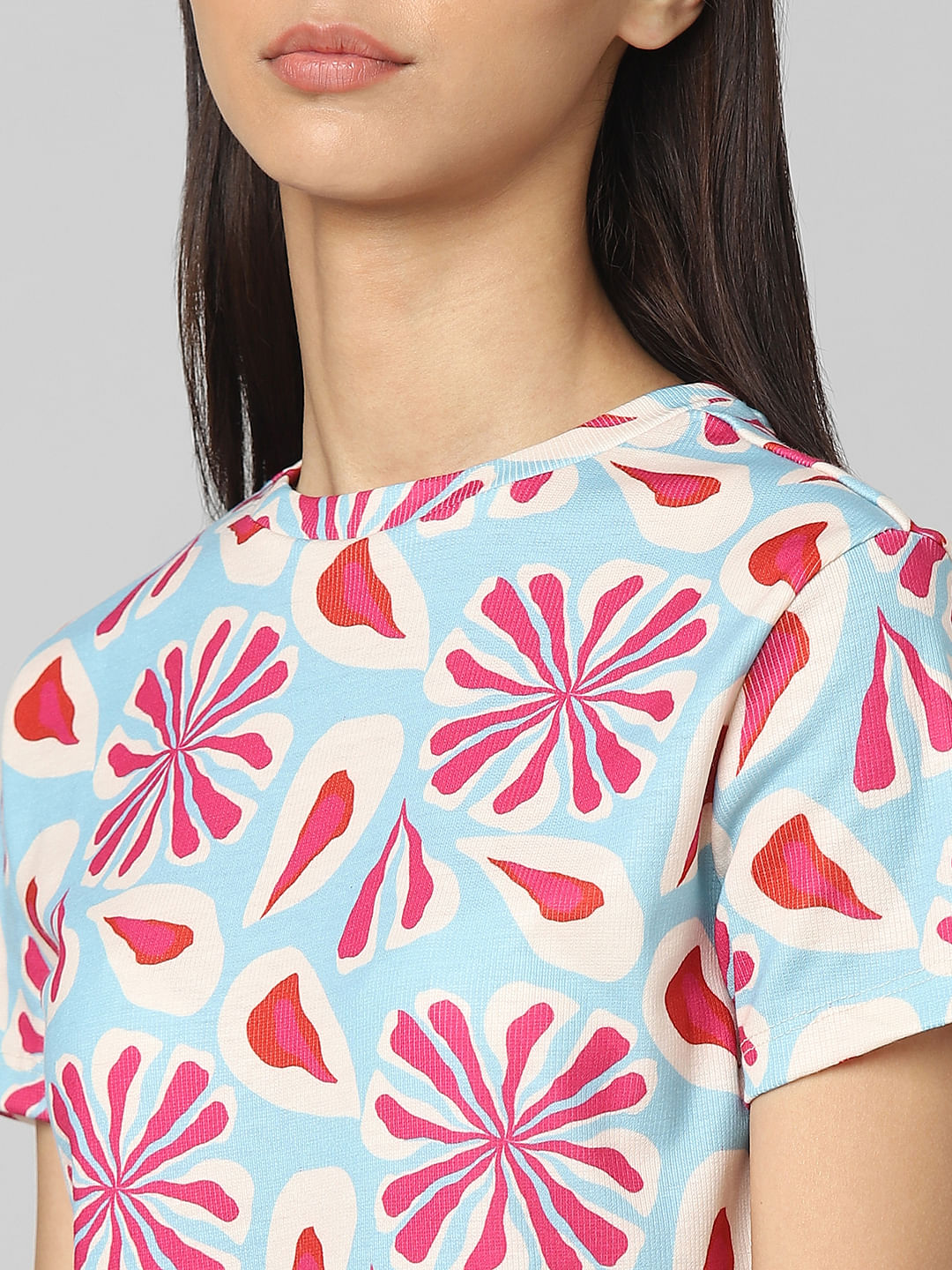 Blue Printed Ribbed T-Shirt