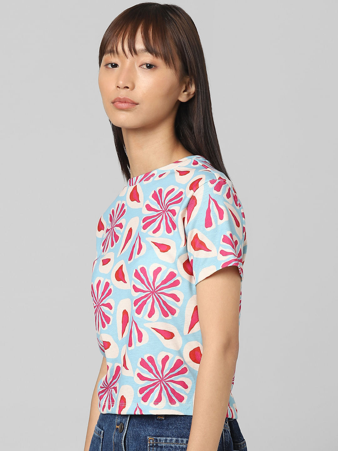 Blue Printed Ribbed T-Shirt