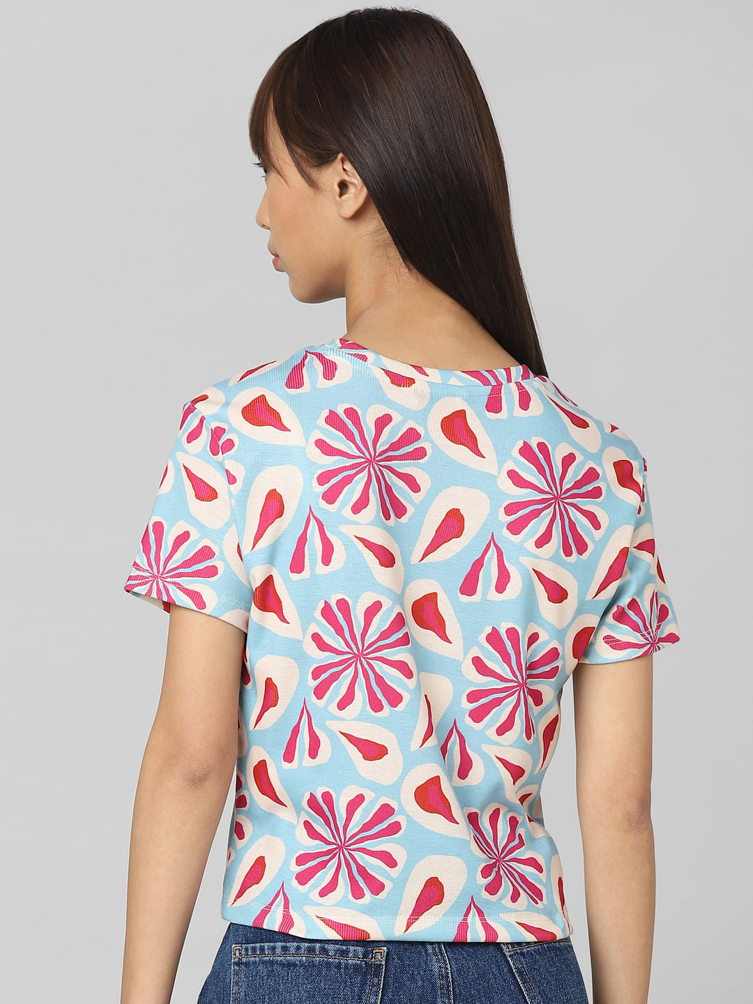 Blue Printed Ribbed T-Shirt