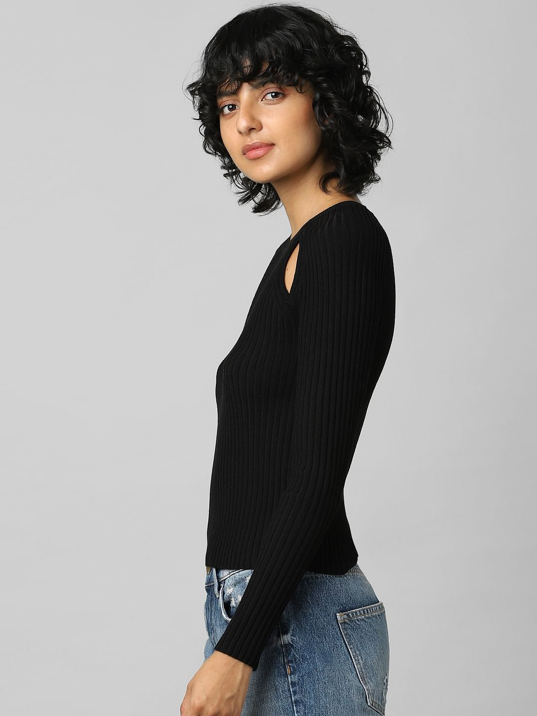 Black Cut Out Detail Ribbed Pullover