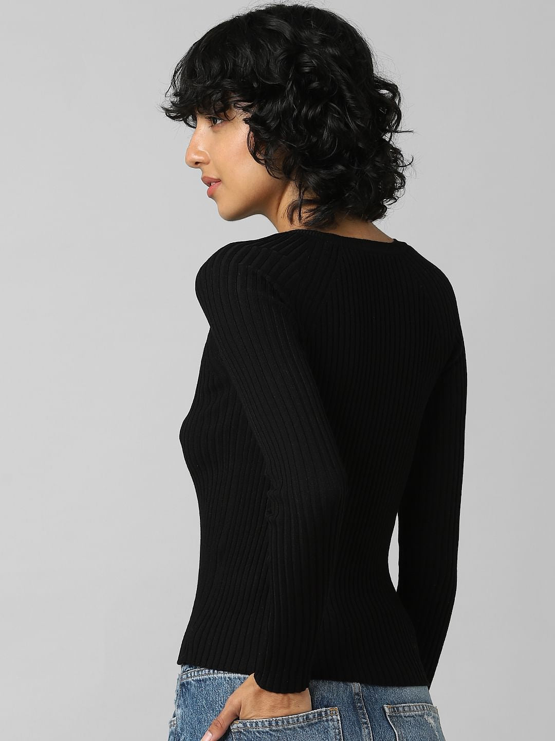 Black Cut Out Detail Ribbed Pullover