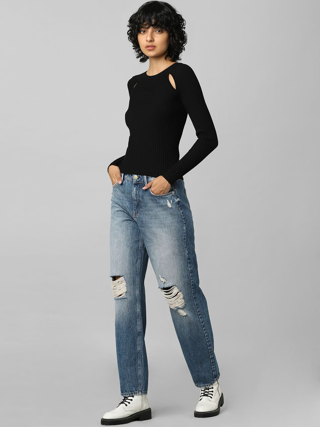 Black Cut Out Detail Ribbed Pullover