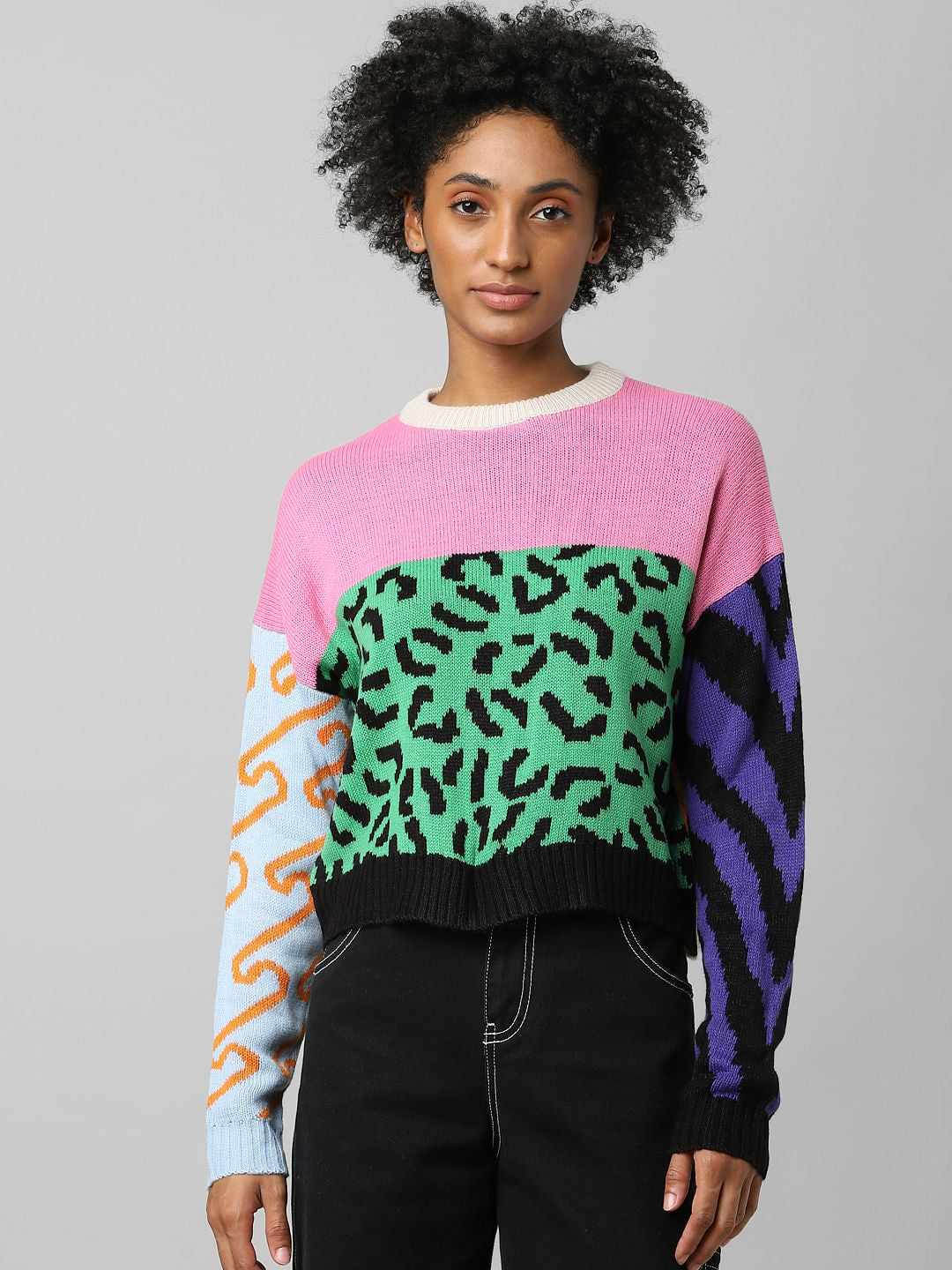 Pink Colourblocked Jacquard Knit Pullover