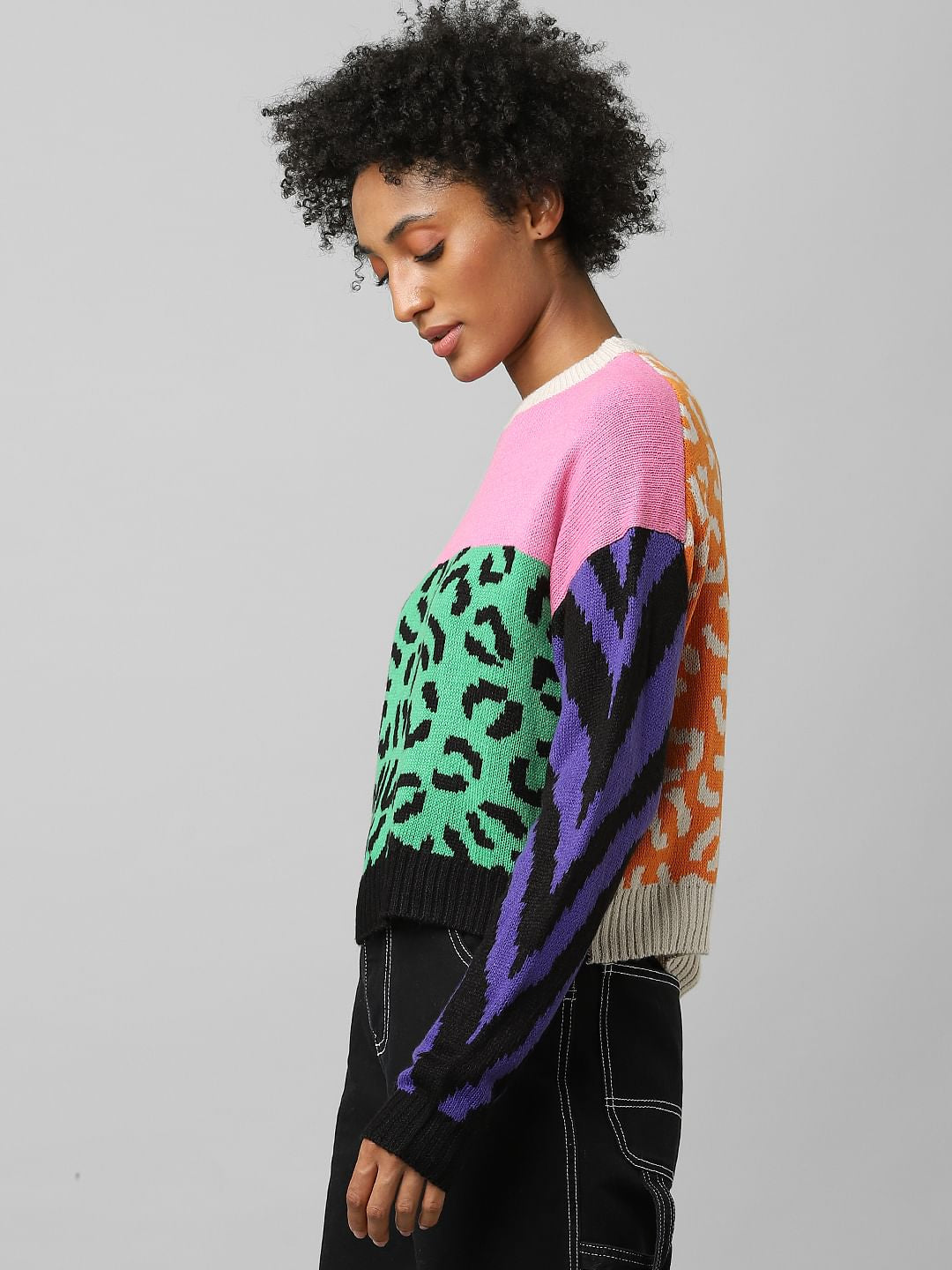 Pink Colourblocked Jacquard Knit Pullover