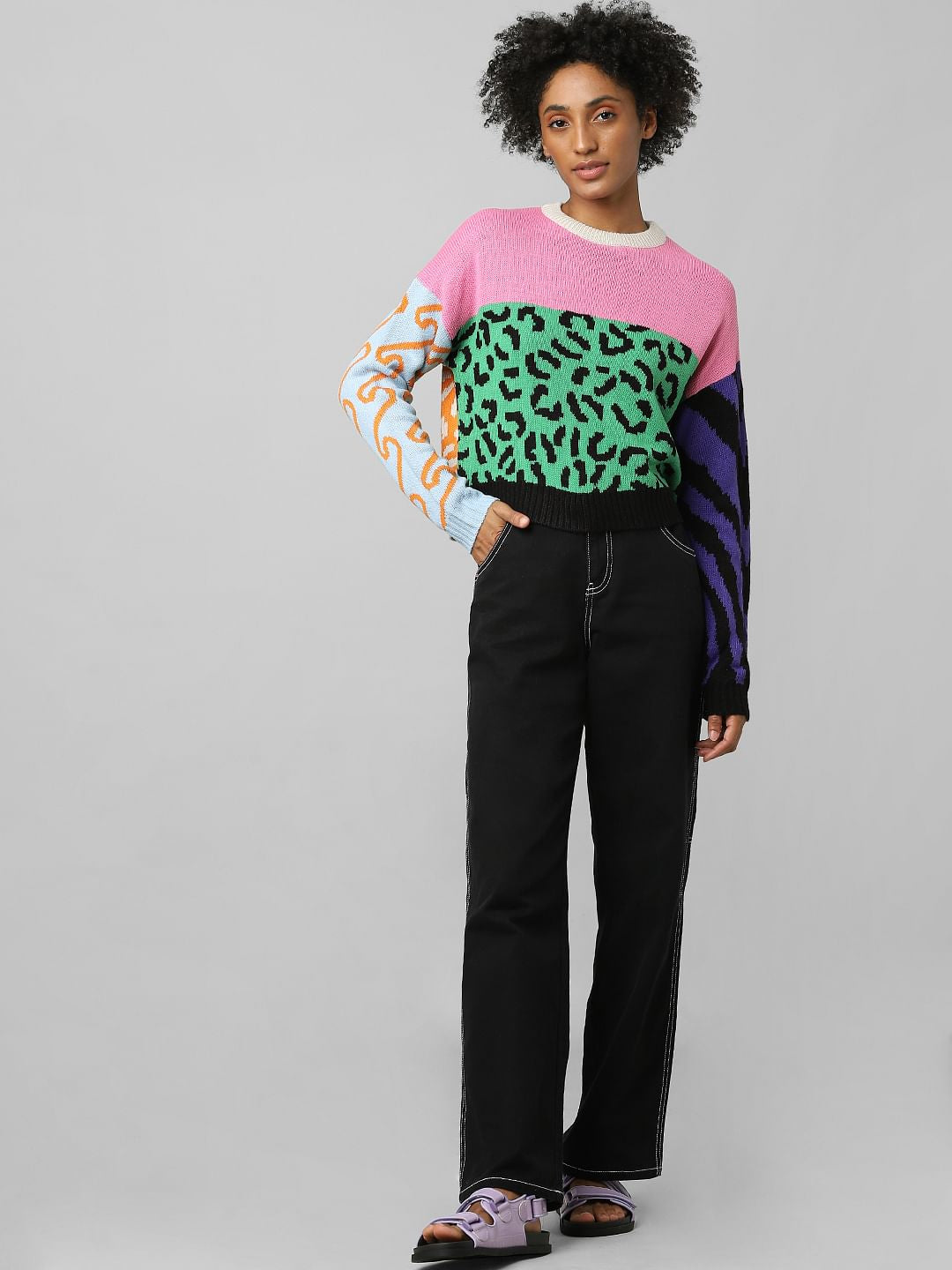 Pink Colourblocked Jacquard Knit Pullover